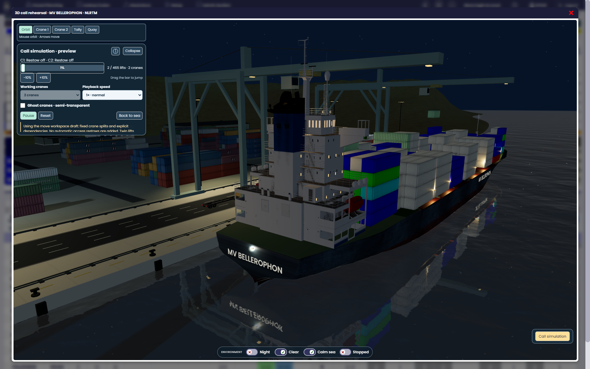An illuminated vessel and quay cranes in a night-time 3D rehearsal.