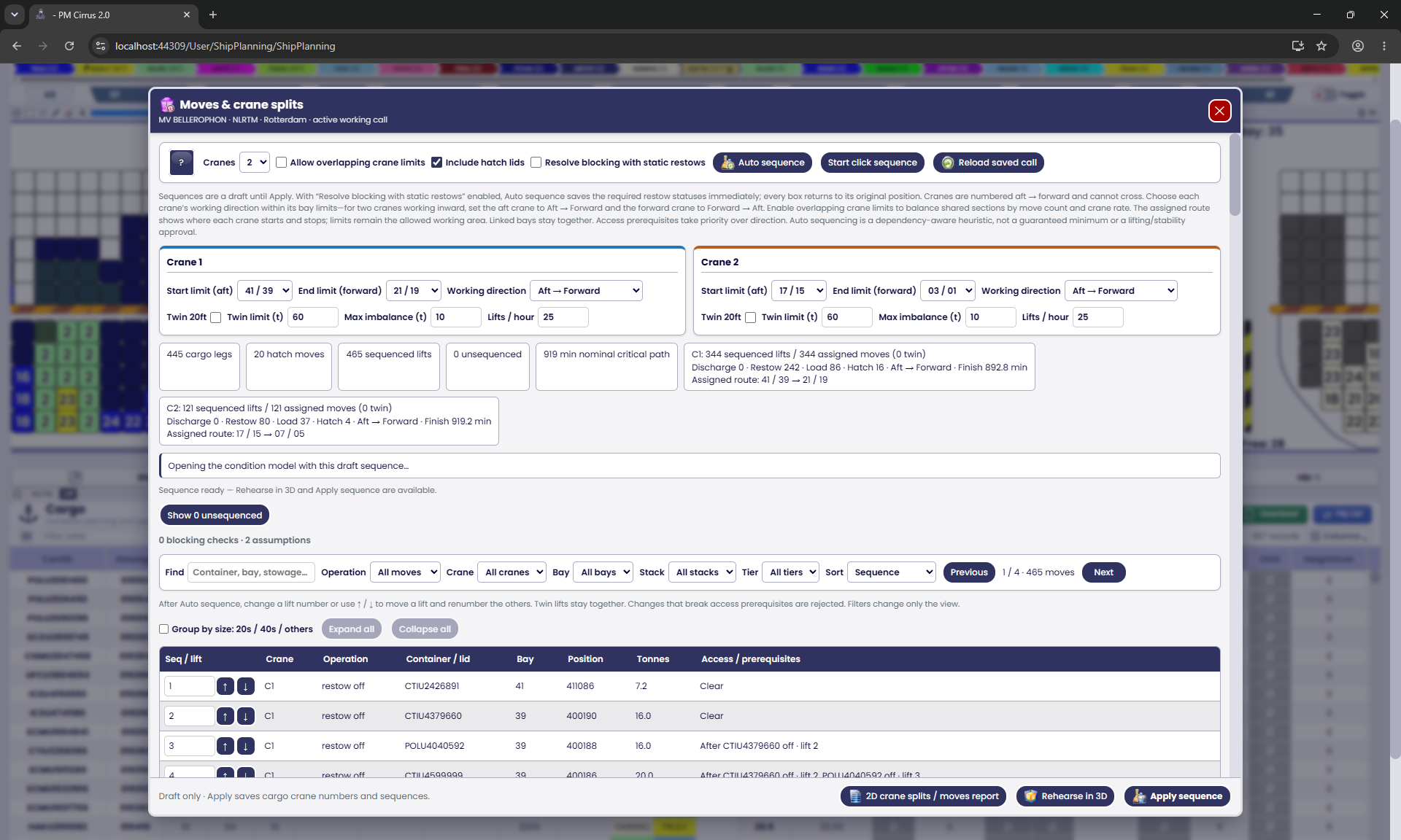 Crane split and move sequencing controls with assigned work and dependencies.