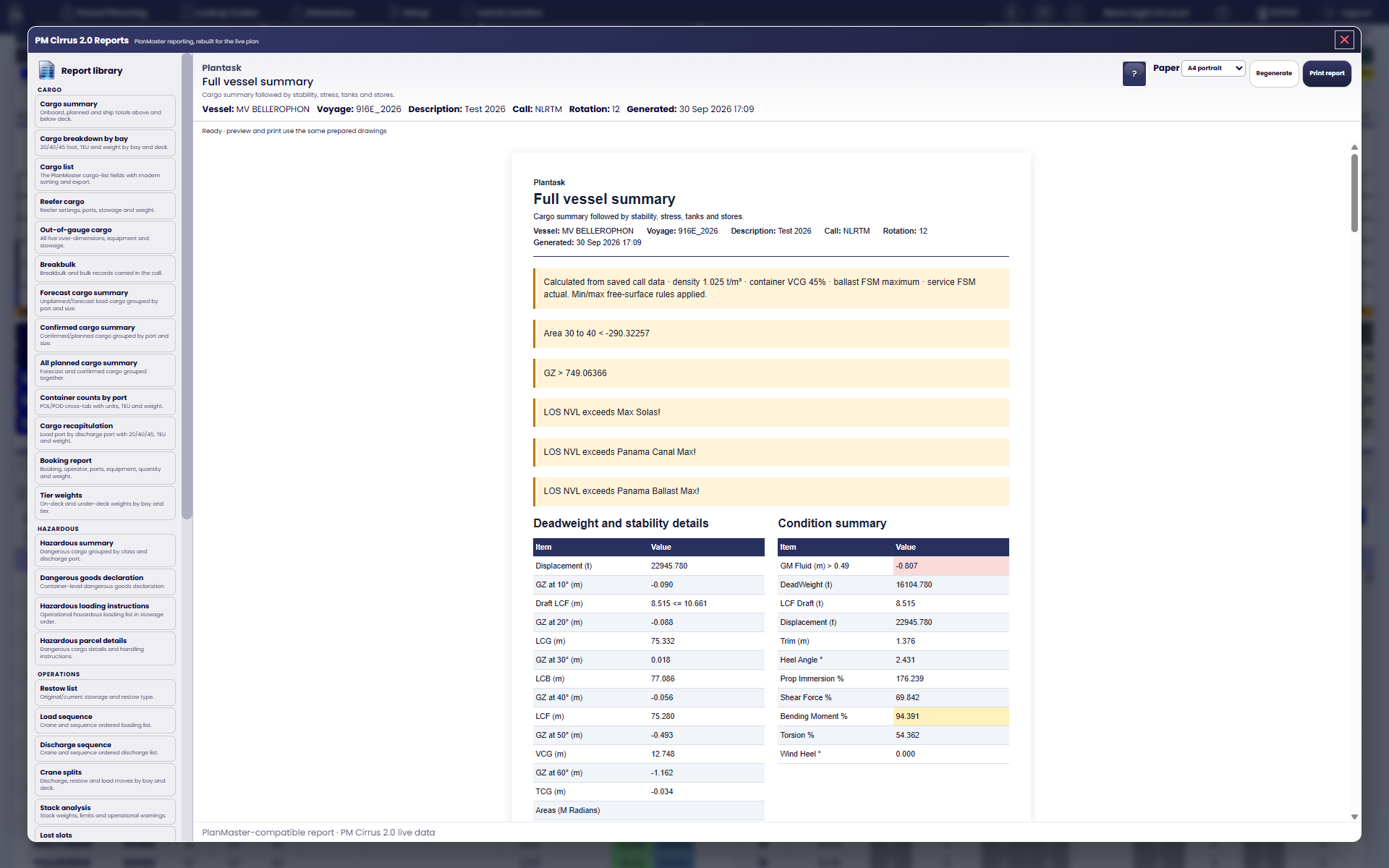 The report library with a printable vessel summary.