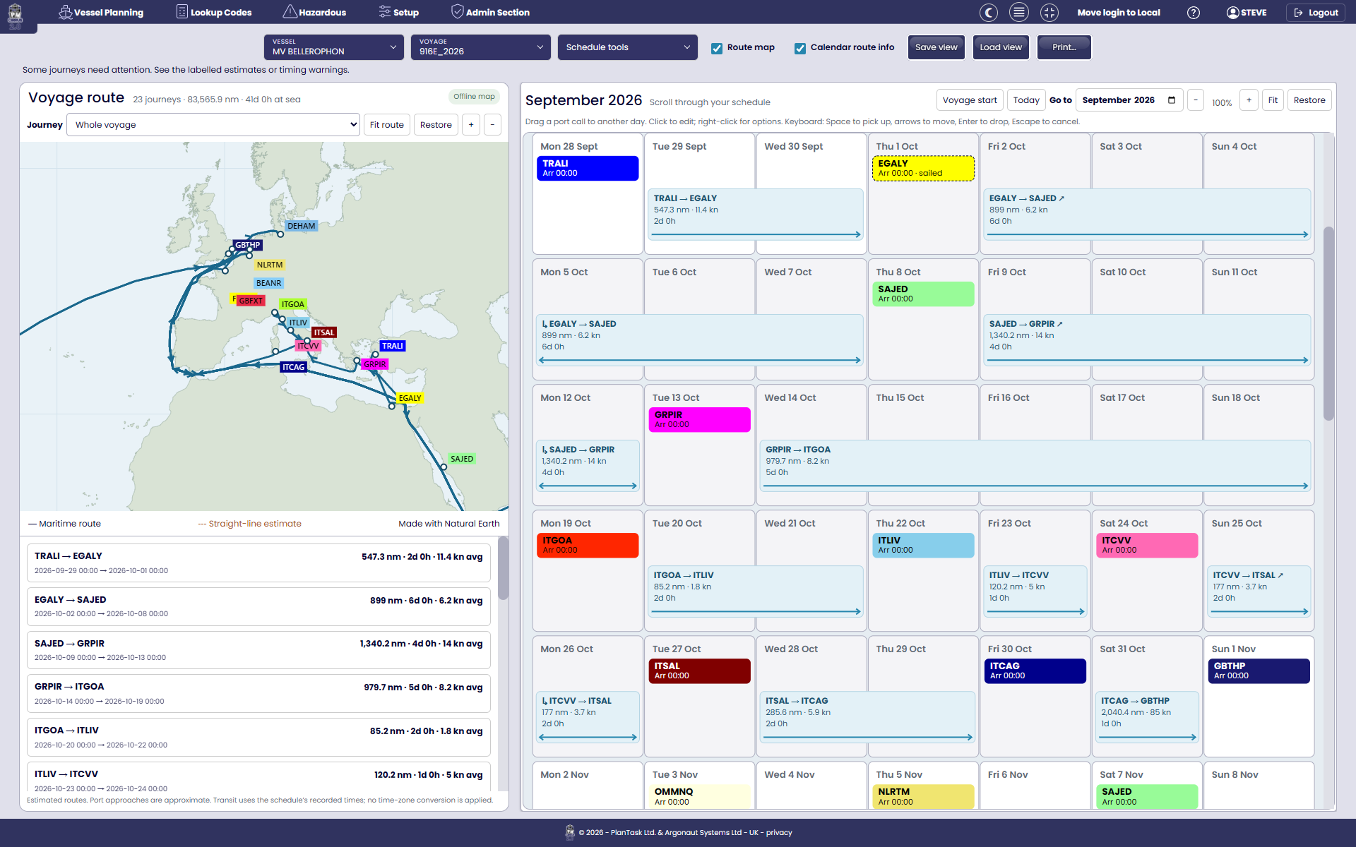 The voyage schedule combining route mapping and a calendar of port calls.